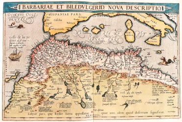 Barbaria och Biledulgerid Geografikarta över norra Afrika från "Theatrum Orbis Terrarum" av Abraham Ortelius (Oertel, Ortell eller Ortel