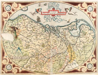Beskrivning av Nedre Tyskland Geografikarta över Nederländernas territorium germanska från "Theatrum Orbis Terrarum" av Abraham Ortelius (Oertel, Ortell eller Ortel