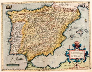 Beskrivning av Spanien. Geografikarta från "Theatrum Orbis Terrarum" av Abraham Ortelius (1527-1598)