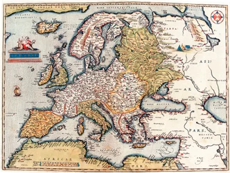 Beskrivning av den europeiska kontinenten. Geografikarta från "Theatrum Orbis Terrarum" av Abraham Ortelius