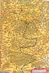 Östra Frankrike (Common/Franckenlant) Beskrivning, författare, Sebast. A. Rotenhan Geografikarta över Frankens territorium i Tyskland med staden Frankfurt (även staden Karlstadt..) hämtad från "Theatrum Orbis Terrarum" av Abraham Ortelius (Oer)