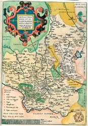 Östra Frankrike: Monasteriensis och Osnaburgensis biskopsämbete Beskrivning Geografikarta över Franken i Tyskland från "Theatrum of the World" av Abraham Ortelius (Oertel, Ortell eller Ortel
