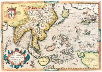 Ostindiska kompaniet. Geografikarta över Ostindien och sydostasiatiskt territorium från "Theatrum Orbis Terrarum" av Abraham Ortelius (Oertel, Ortell eller Ortel
