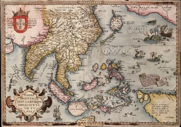 Karta över Ostindien av Ortelius, ca 1570 (kolorerad gravyr)