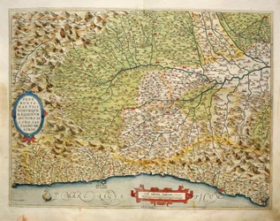 Karta över regionen Piemonte, Italien, från Theatrum Orbis Terrarum av Abraham Ortelius