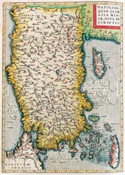 Natolia, Quae Olim Mindre Asien Nova Beskrivning Geografikarta över Mindre Asiens territorium (Istanbul och Turkiet med öarna Rhodos och Cypern) från "Theatrum Orbis Terrarum" av Abraham Ortelius (Oertel, Ortell eller Ortel