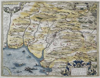 ORTELIUS, Abraham (1527-1598). Theatrum Orbis Terrarum. 1570. Den anses vara den första moderna atlasen. CHAVES, Jeronimo de (1523-1574). Matematiker, astronom och navigatör. Karta över västra Andalusien. Baserad på Hieronimus Chiaves karta (Jeronimo d