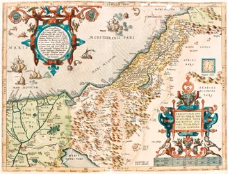 Palestina eller hela den utlovade landets geografikarta över Palestinas territorium från "Theatrum Orbis Terrarum" av Abraham Ortelius (Oertel, Ortell eller Ortel