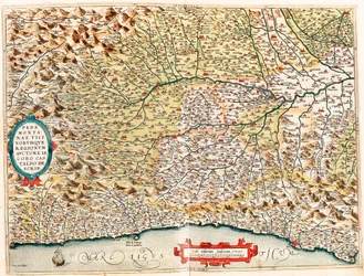Regionerna Piemonte och Vicino Geografikarta över Italiens territorium från Monaco i Frankrike till Genes och passerar genom provinserna Imperia de Savona och Genua från "Theatrum Orbis Terrarum" av Abraham Ortelius (