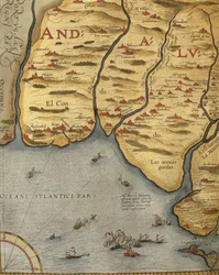 Hamnen i Palos i Andalusien, från The Theatre of the World av Abraham Ortelius