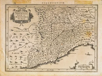 Furstendömet Piemonte, hertigdömet Monferrato, västra Ligurien och en del av regionen östra Ligurien, från Theatrum Orbis Terrarum av Abraham Ortelius