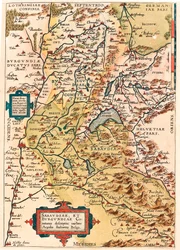 Sabaudia et Burgundiae Comitus beskrivning Karta över territoriet Bourgogne och Savojen (Pontarlier, Dijon, Lemansjön, Schweiz) från "Theatrum Orbis Terrarum" av Abraham Ortelius (Oertel, Ortell eller Ortel).