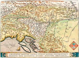 Schlavoniae, Kroatien, Carniae, Istrien, Bosniae, Bordereum Regionum Nova Descriptio, Authore Augustino Hirsuogelio Geografisk karta över territorierna Slavonien, Kroatien, Bosnien och Dalmatien från "Theatrum Orbis Terrarum" av Abraham Ortelius