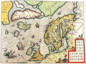 Beskriv. Geografikarta över Skandinavien och norra Europa från "Theatrum Orbis Terrarum" av Abraham Ortelius (Oertel, Ortell eller Ortel