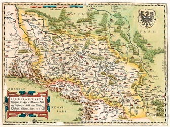 Schlesien Typ Beskrivning och beskrivning och redigerad av Martin Heilwid Neilsense och noble make Nicolas Rhedinger Anno 1561 Geografikarta över territoriet söder om Frankfurt i Tyskland nära Polen från "Theatrum Orbis Terrarum" av Abraham Ortelius (