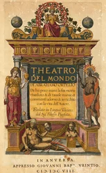 Theatrum orbis terrarum, av Abraham Ortelius (1527-1598), titelsidan för den italienska upplagan översatt av Filippo Pigafetta, Antwerpen, Giovani Battista Urintio upplagan