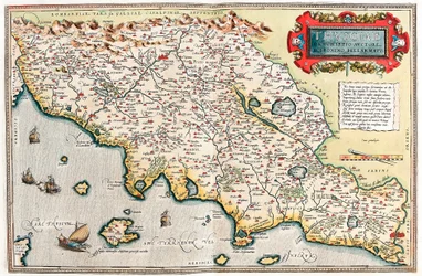 Thusciae Beskrivning av författaren Hieronymo Bellamarto Geografikarta över Toscanas territorium i Italien från "Theatrum Orbis Terrarum" av Abraham Ortelius (Oertel, Ortell eller Ortel