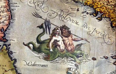 Triton och Siren i Medelhavet. "Theatrum Orbis Terrarum" av Abraham Ortelius, Antwerpen 1584