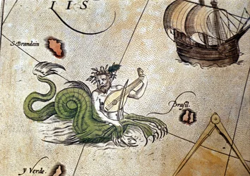 Triton spelar lut nära ön Saint Brendan (Brendan). "Theatrum Orbis Terrarum" av Abraham Ortelius, Antwerpen 1584