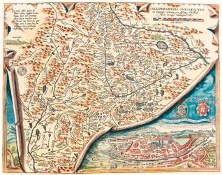 Äkta beskrivning av staden Salzburg Geografikarta över territoriet Salsburg i Österrike från "Theatrum Orbis Terrarum" av Abraham Ortelius (Oertel, Ortell eller Ortel