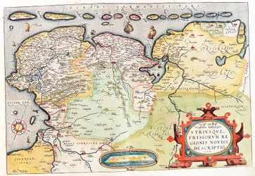 Båda av Frisii, av det nya distriktet. Beskrivning Geografikarta över Nederländernas territorium med städerna Groningen (Groeningen) och Leeuwarden... tagen från "Theatrum Orbis Terrarum" av Abraham Ortelius (Oertel, Ortell eller Ortel