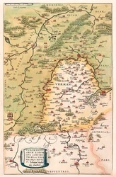 Beskriv geografikarta över territoriet Vermandois och Picardie i Gallien (Frankrike) från "Theatrum Orbis Terrarum" av Abraham Ortelius (Oertel, Ortell eller Ortel
