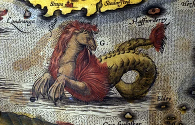 representation av ett marint monster min häst min havsorm. Tallrik från en upplaga av "Theatrum Orbis Terrarum" av kartografen Abraham Ortelius (1527-1598)