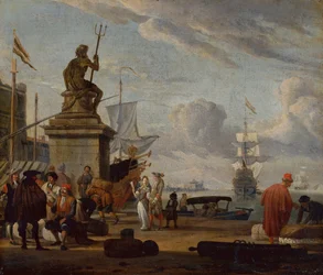 En Capriccio medelhavshamn med eleganta figurer och köpmän