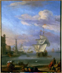 En holländsk hamn, målning av Abrahm Storck