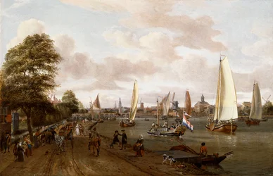 En panoramautsikt över Amsterdam med en pråm och småskepp på Buiten-Amstel,
