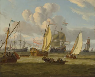 Holländska: Flera fartyg i en frisk bris Sjöfart i en flodmynning