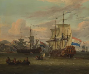 Holländska kustfartyg vid en hamn vid Medelhavet