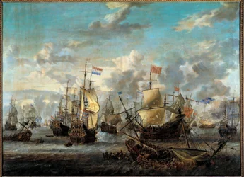 Andra anglo-neerländska kriget: "" Slaget om de fyra dagarna från 11 till 14/06/1666"" Hon motsatte sig de holländska flottorna till engelsmännen. Målning av Abraham Storck (1635-1710) (ec.hol.) 1600-talets Paris, Musee de la Marine