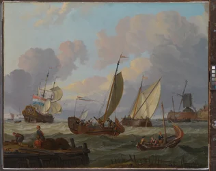 Fartyg som passerar en väderkvarn, ca 1690 (olja på duk)