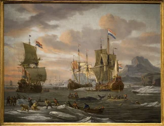 Val- och isbjörnsfiske på Spitzberg Island (Ishavet) med fartyg från den holländska flottan. Målning av Abraham Storck (eller Sturckenbuch
