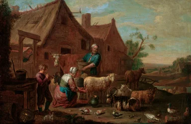 Bondefamilj med nötkreatur, får och getter på en gård (olja på duk)