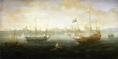 En holländsk och en brittisk båt, med Stuarts flagga, seglar ut från en hamn, synlig vid horisonten, omgiven av olika småbåtar