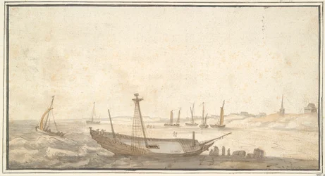 Strand med fartyg nära Scheveningen
