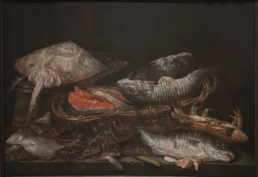 Stilleben med fisk på ett stenbord