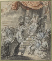 Madonna och barn med rosenkrans och helgon