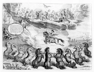 Marquess of Newcastle rider på Pegasus inför en församling av de grekiska gudarna och tar emot hälsningar från jordiska hästar, illustration från en ridhandbok av Marquess of Newcastle, publicerad