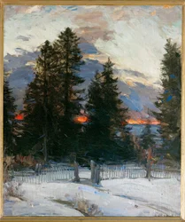 Solnedgång i ett vinterlandskap (målning på duk)