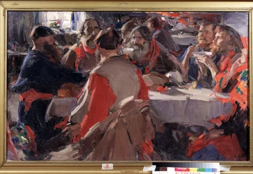 Tea time (Tedricka). Målning av Abram Yefimovich Arkhipov (1862-1930). Olja på duk, 79 x 31 cm. Rysk konst, sent 1800-tidigt 1900-tal. State B. Kustodiev Art Gallery, Astrakhan (Ryssland).