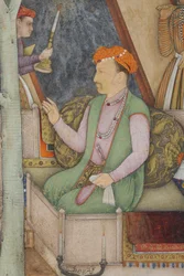 Detalj från kejsar Jahangir med heliga män i en trädgård, ca 1615 (ogenomskinlig wc & guld på papper)