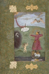 Kejsar Jahangir Triumphing Over Poverty, ca 1620-25 (ogenomskinlig akvarell, guld och bläck på papper)