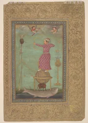 Jahangir skjuter huvudet av Malik Ambar, tidigt 1600-tal (täckande akvarell, bläck och guld på papper)