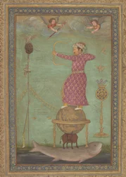 Jahangir skjuter huvudet av Malik Ambar, tidigt 1600-tal (opak akvarell, bläck och guld på papper)