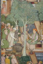Detalj från kejsar Jahangir med heliga män i en trädgård, ca 1615 (ogenomskinlig wc och guld på papper)