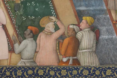 Detalj från Kejsar Jahangir med heliga män i en trädgård, ca 1615 (opak wc och guld på papper)
