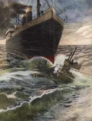 En tysk transatlantik välter och krossar en ubåt från den engelska flottan utanför Dovers kust - Illustration av Beltrame - "" La Domenica del Corriere"" oktober 1912